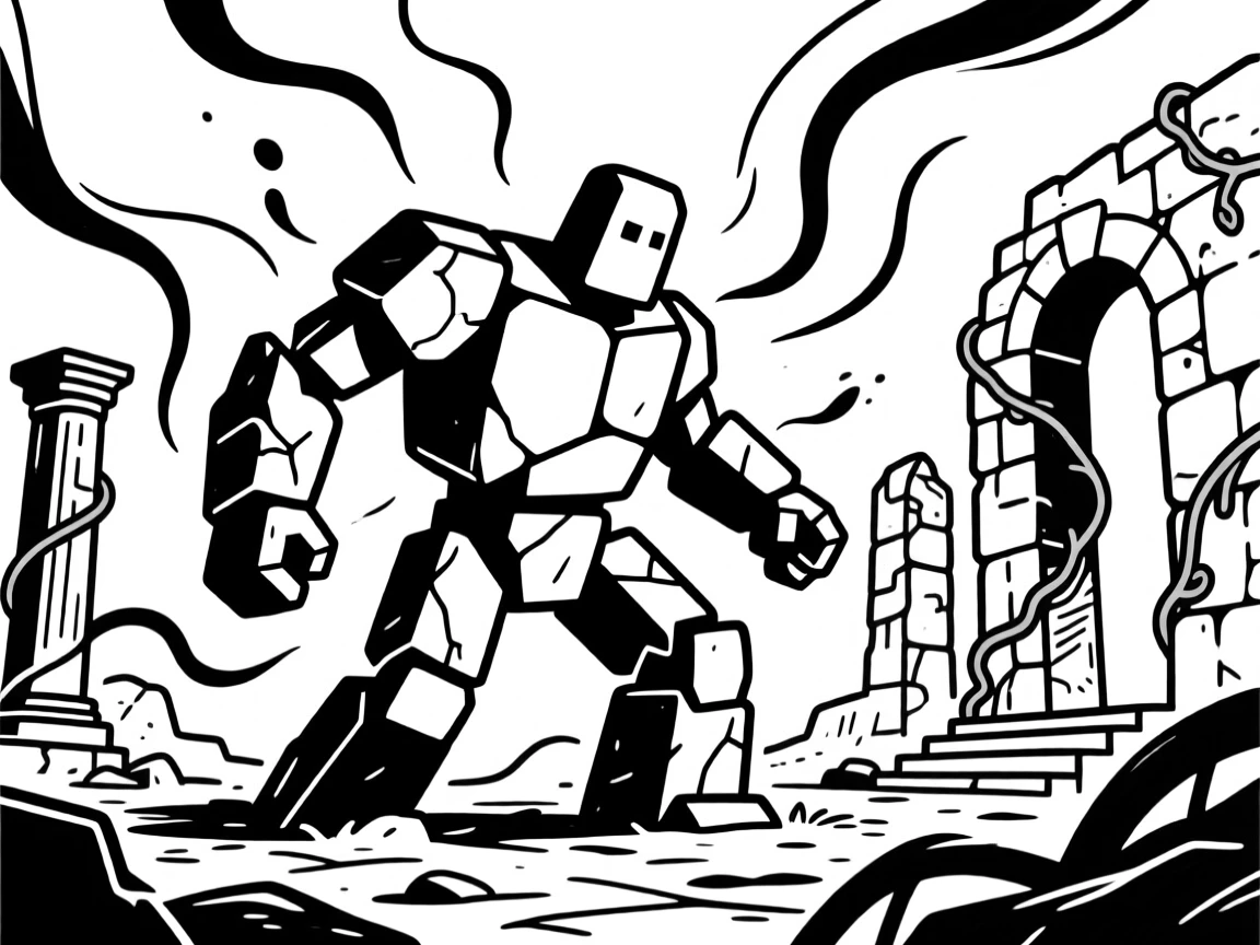 A stone golem awakening in an overgrown ancient ruin.