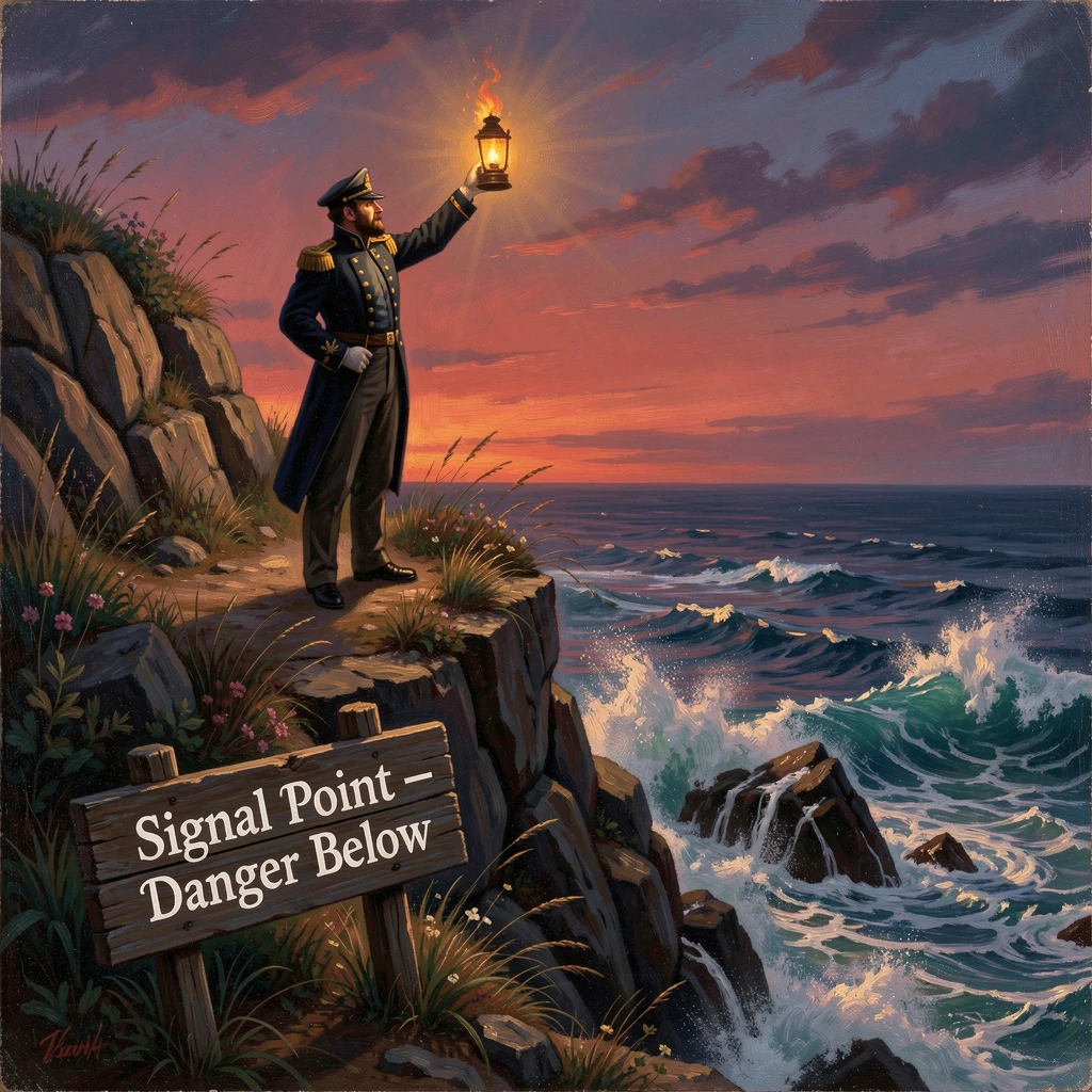 A ship's captain signals from a cliffside overlooking crashing surf as the last light fades over the water.
