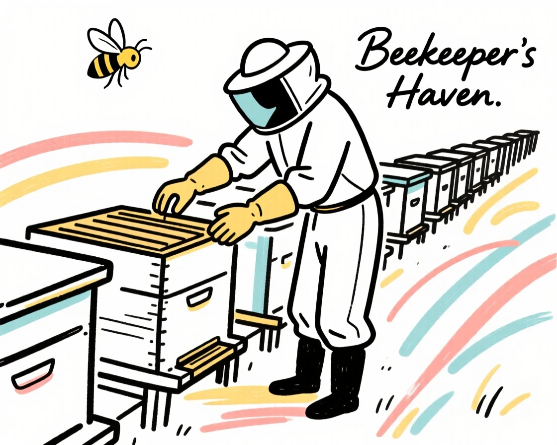 A beekeeper in protective gear tending to a row of hives.
