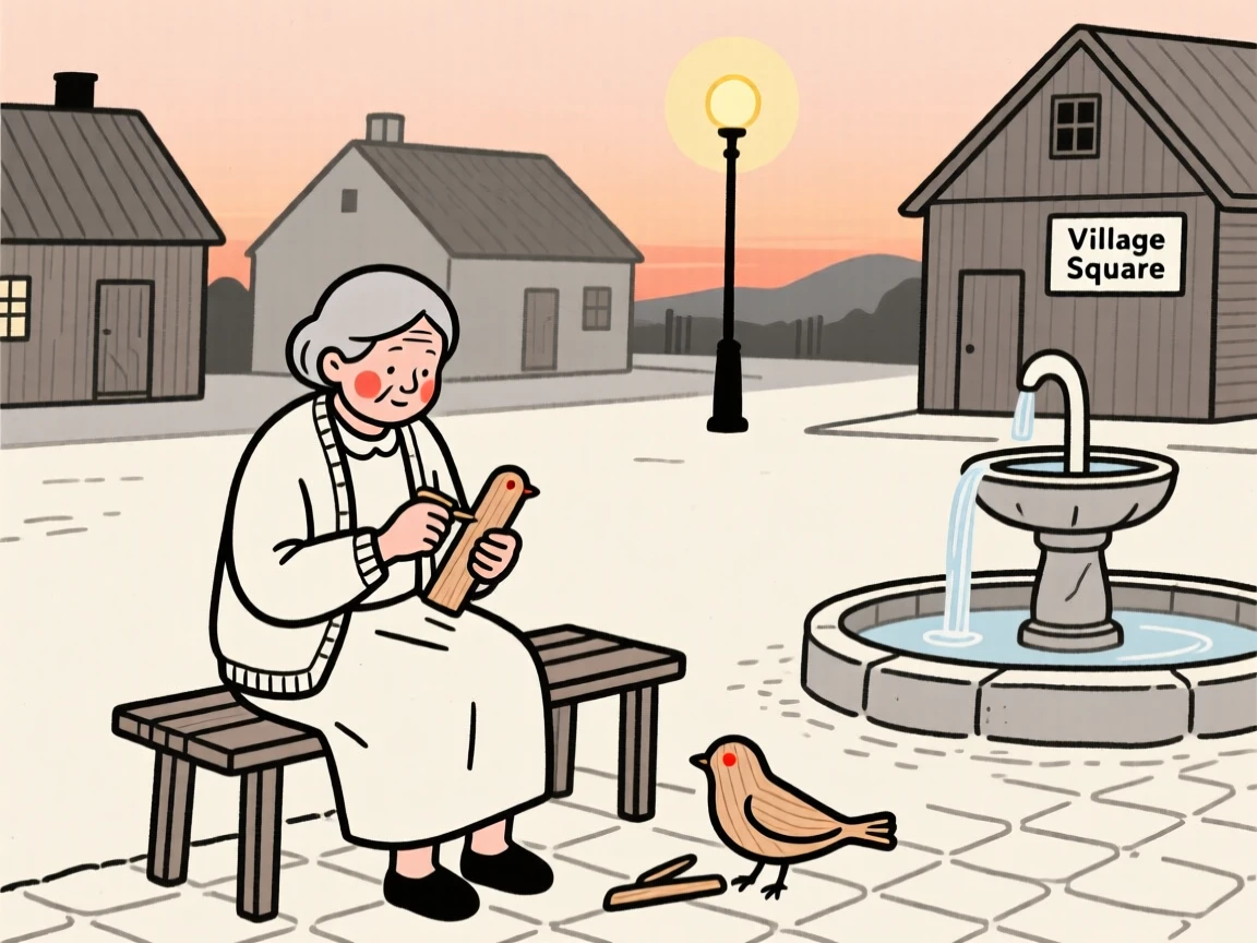 An elderly woman whittling a small wooden bird, on a village square at dusk.