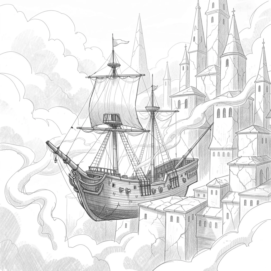 An epic fantasy scene of a ship sailing through a sky of clouds within a city carved from luminous stone, with mist curling like living smoke.