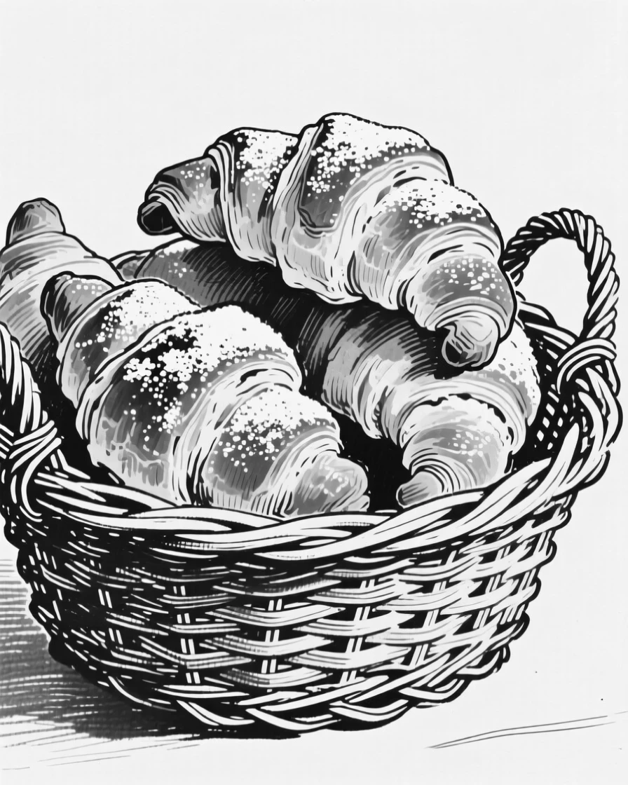 A basket of freshly baked croissants dusted lightly with flour.