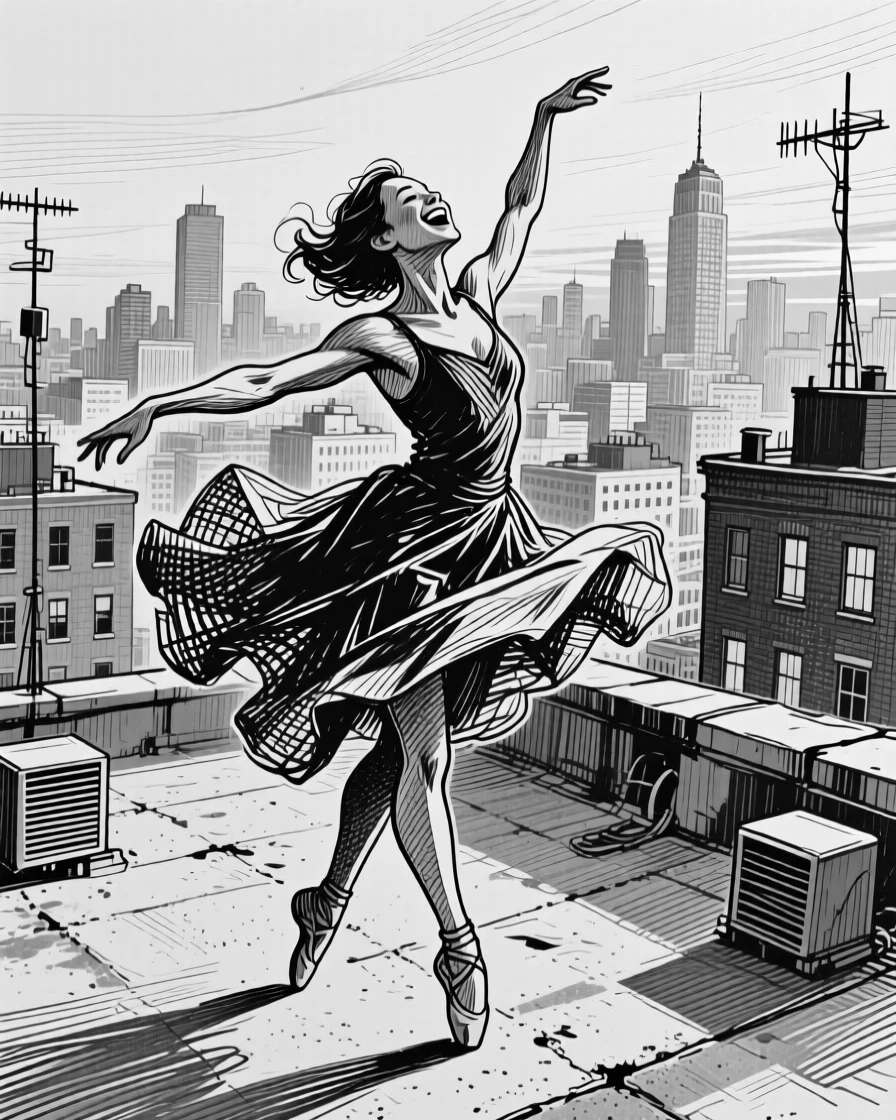 A dancer captured mid-motion on a rooftop overlooking the city skyline, with soft light illuminating their faces, creating a joyfully nostalgic lifestyle scene.