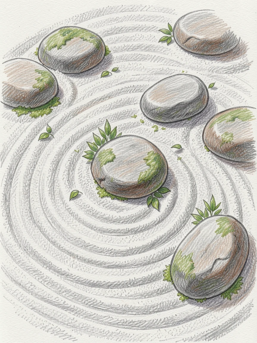 A tranquil zen rock garden raked into gentle spiral patterns, with rich, inviting textures throughout the scene, capturing a quiet story that lingers with the viewer.