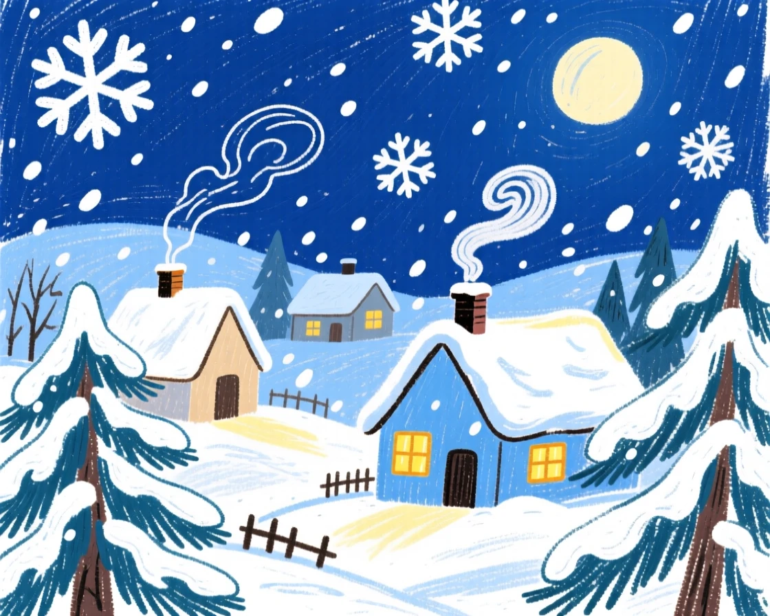 Heavy snowfall blanketing a quiet village at nightfall.