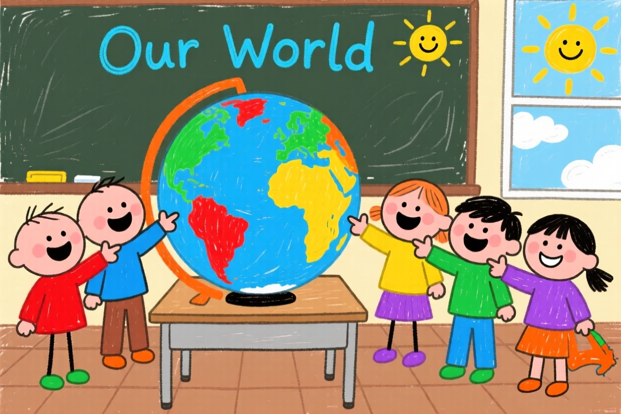 A classroom globe surrounded by children pointing at faraway countries.