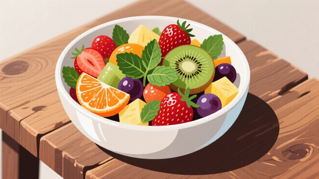 A bowl of fresh fruit salad tossed with mint leaves, set on a rustic wooden table, shown from a slight angle to highlight layers, with glossy highlights that make the dish look freshly made.