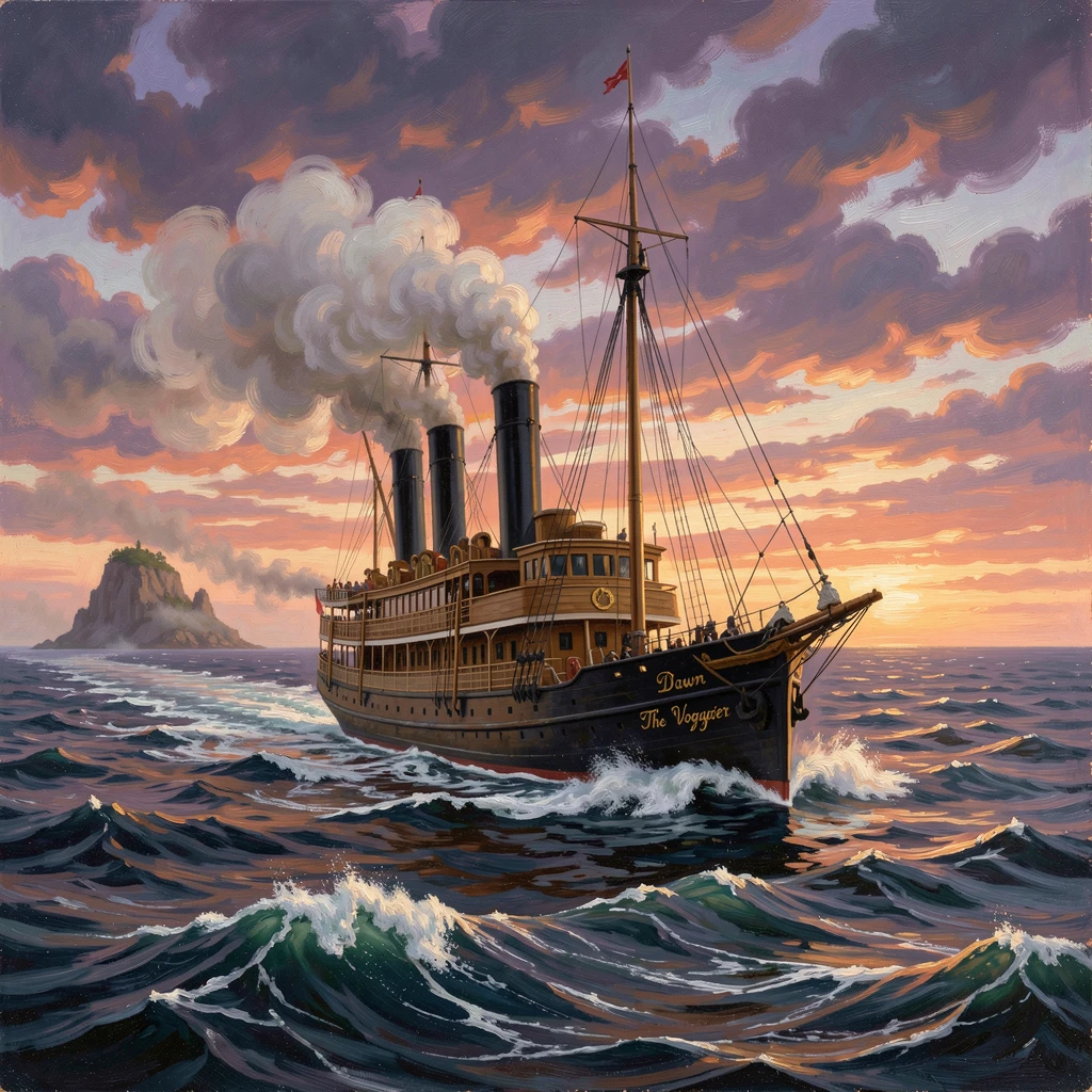A steamship churns across the ocean, leaving a long wake behind.
