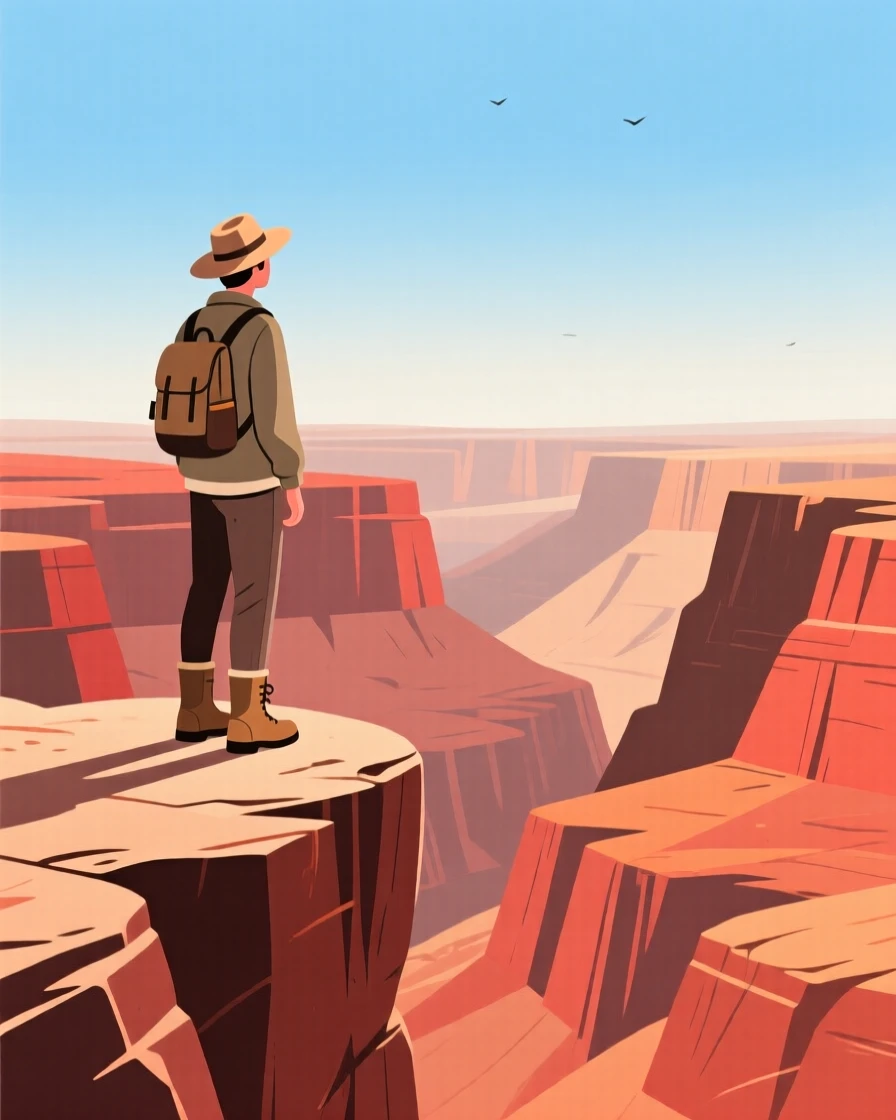 A traveler standing at the edge of a cliff overlooking a vast canyon.