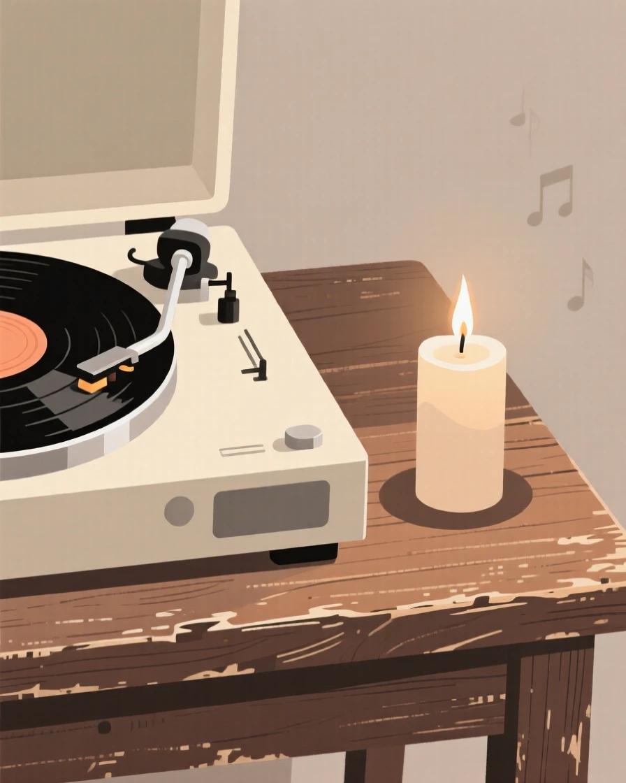 A close-up study of a record player placed beside a burning candle on a weathered wooden desk, full of gentle sentimentality.
