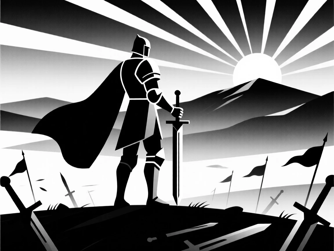 A warrior standing atop a battlefield at dawn.