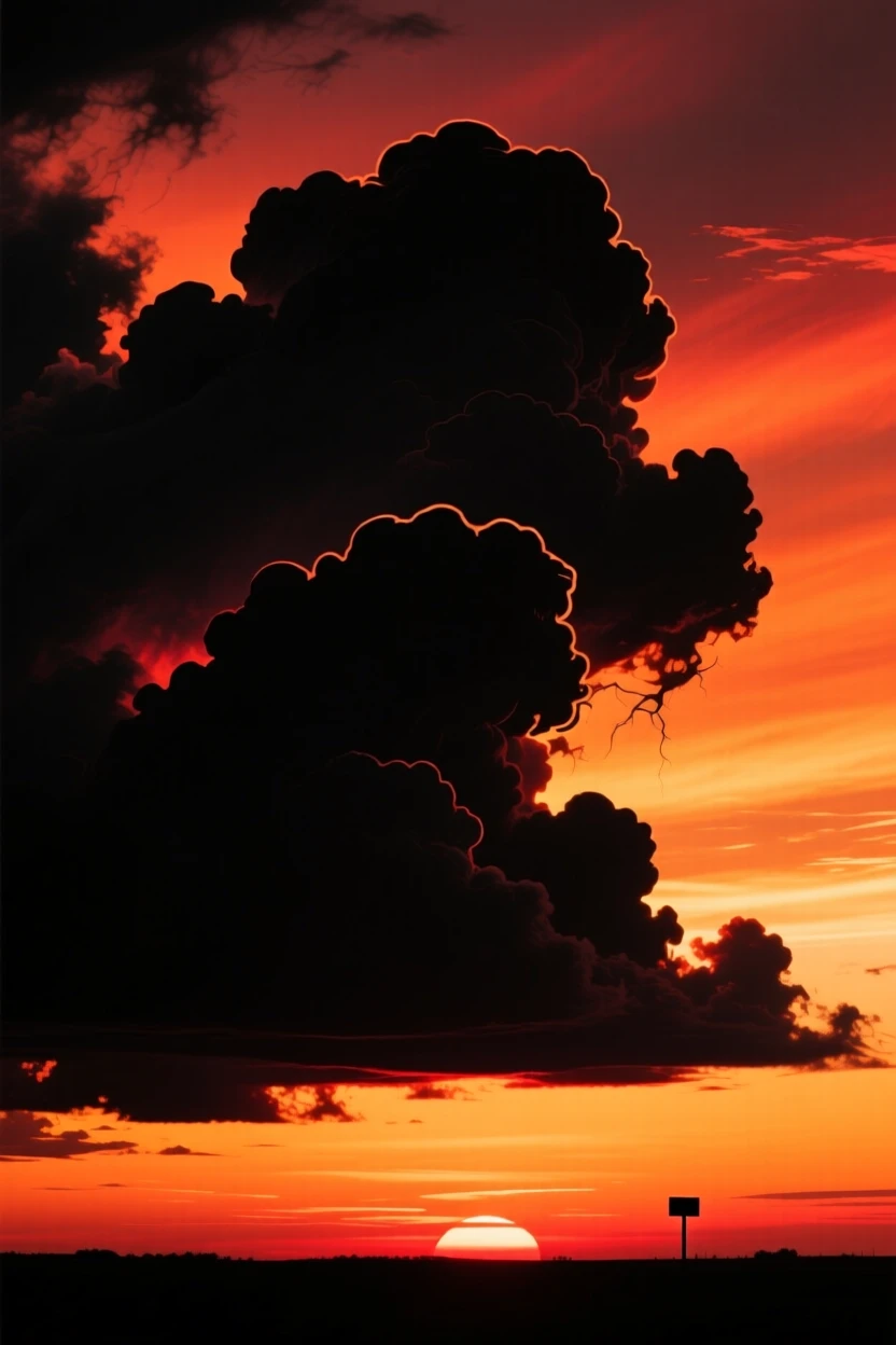 A dramatic sunset painting the underside of storm clouds in deep orange.