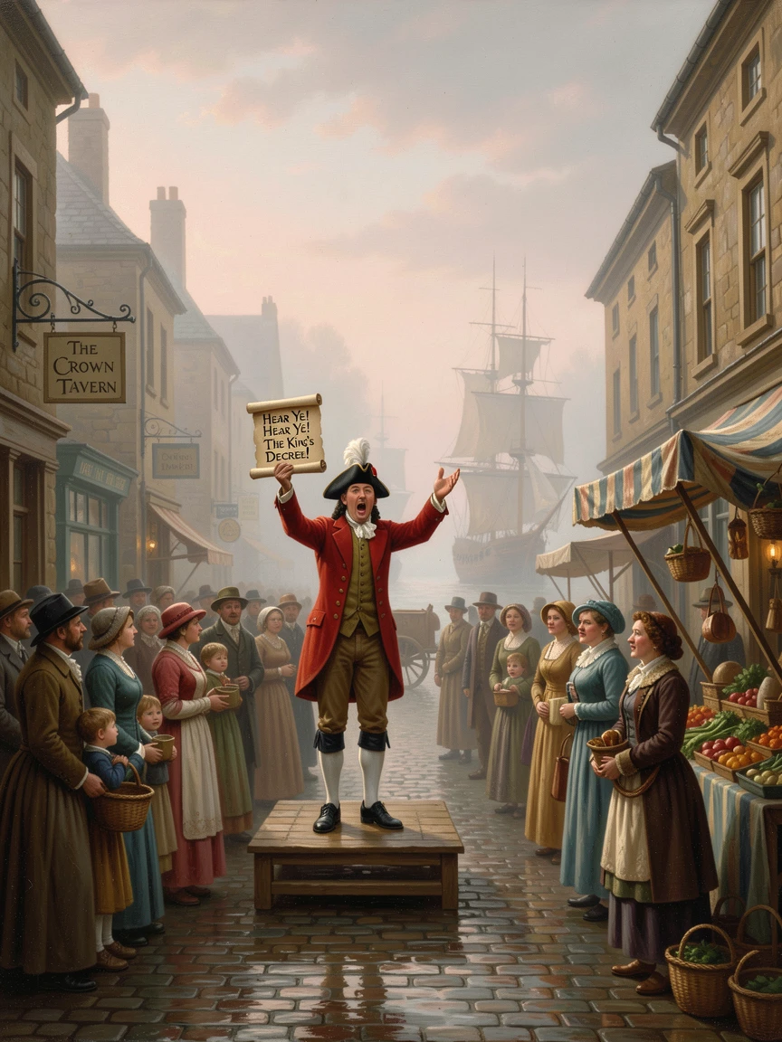 A town crier performs in a grand cobblestone square as fog rolls in from the harbor.