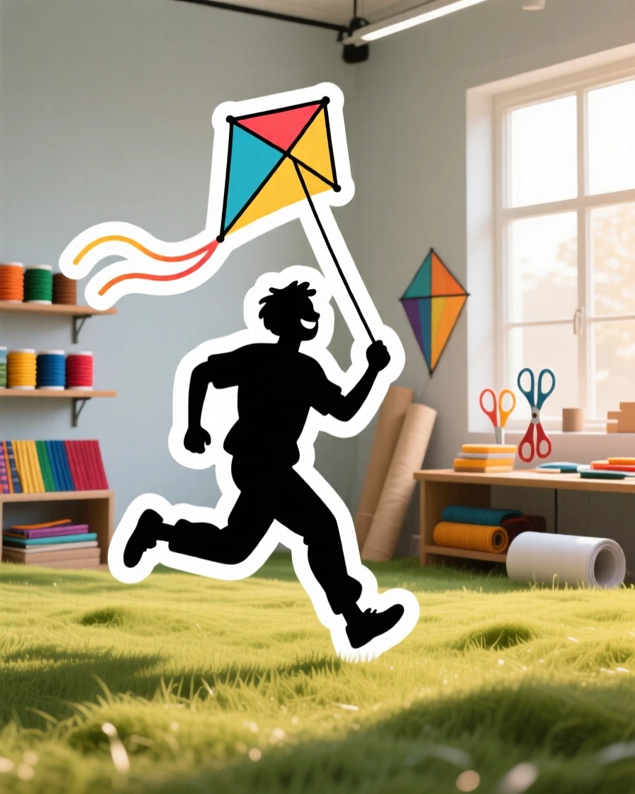 An intensely focused kite flyer running across a grassy field, with a warm smile of accomplishment, in a sunlit studio filled with supplies.
