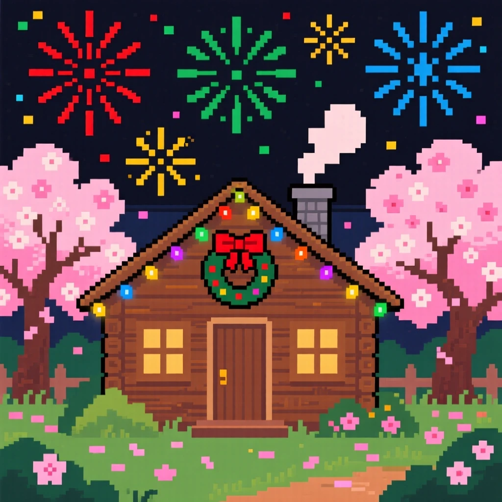 A cabin decorated for the holidays set against a sky full of fireworks, in a garden bursting with cherry blossoms.