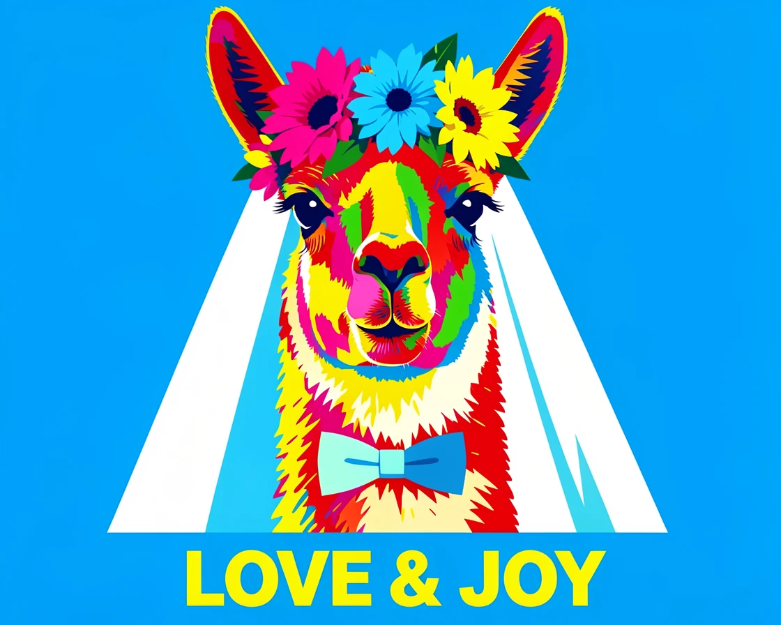 Llama wearing a flower crown at a wedding