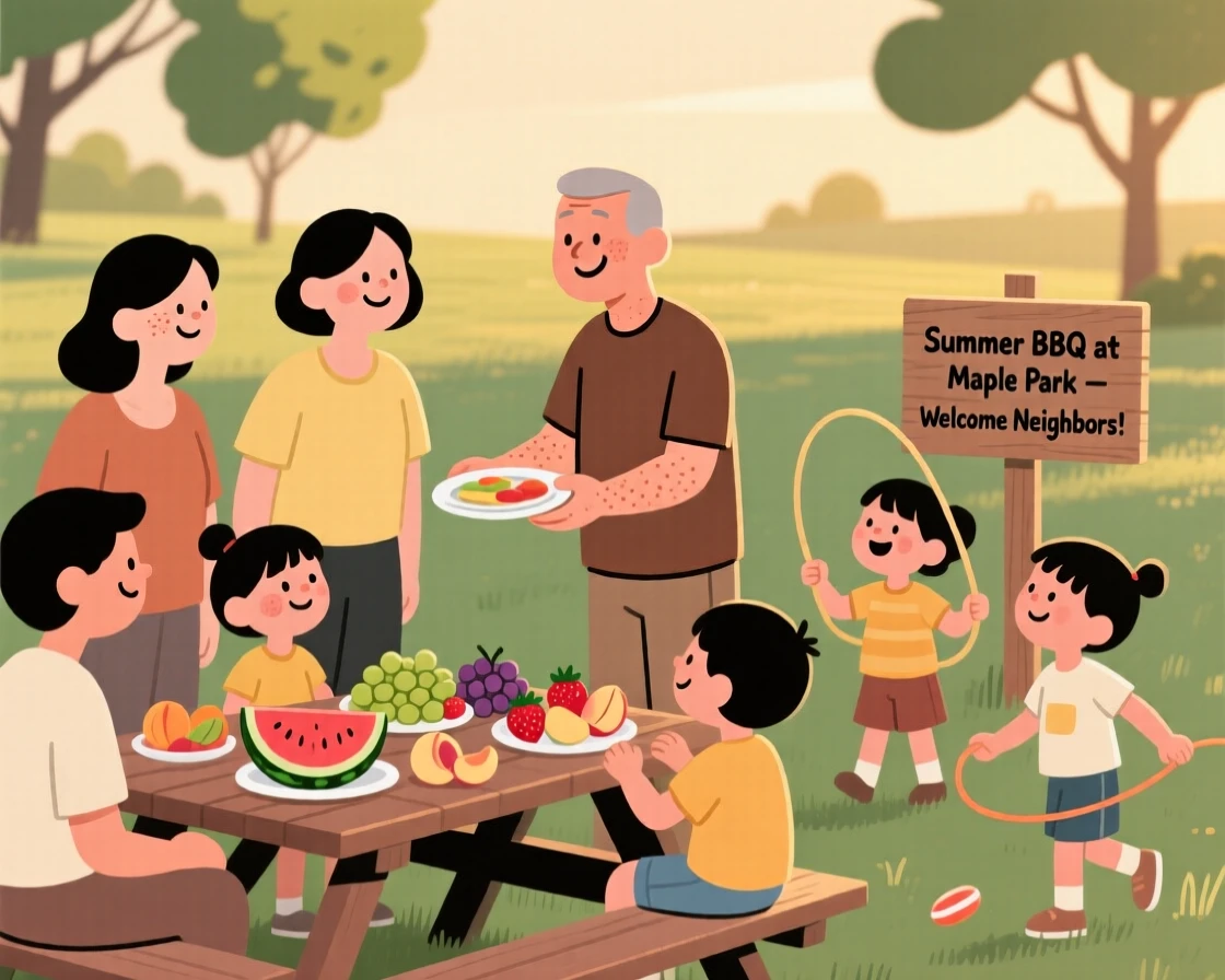 Neighbors gather for a summer barbecue in the local park, sharing platters of fruit and conversation as children's games fills the warm evening air.