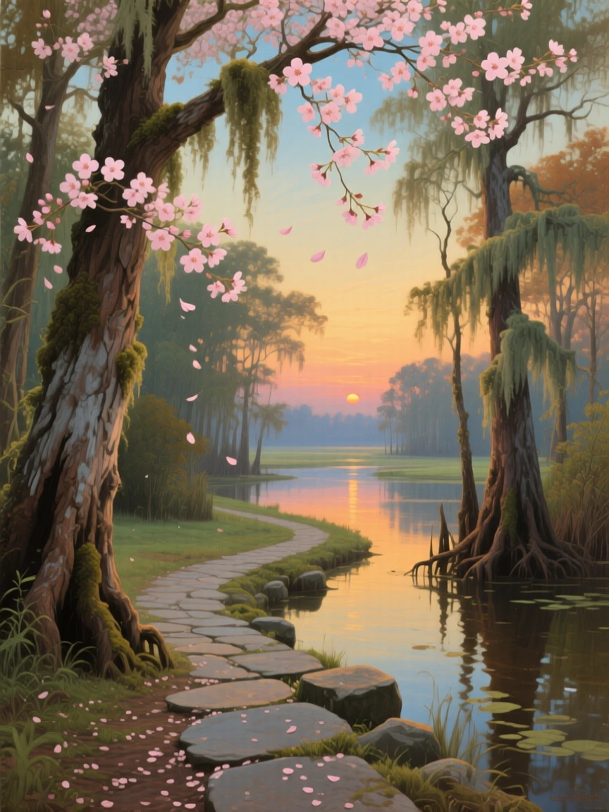 A broad landscape view of cherry blossoms drifting over a quiet stone pathway, in the Louisiana bayou, at dusk.