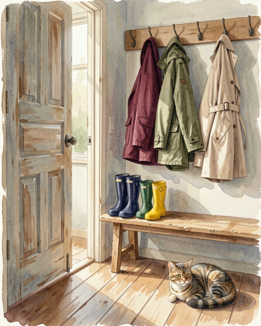A mudroom with rain boots and coats by the door with a cat curled up nearby.