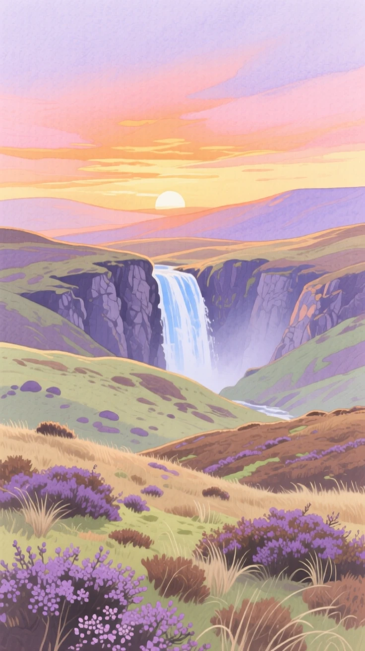 A breathtaking view of a highland moor as the sun sets in brilliant colors, with a waterfall cascading in the distance