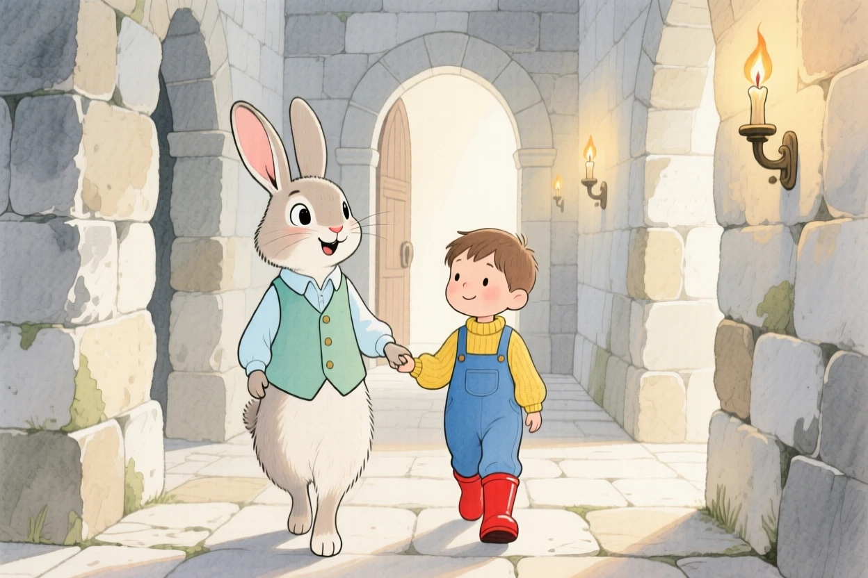 A talking rabbit in a tiny vest guiding a small boy in rain boots through an ancient stone castle.