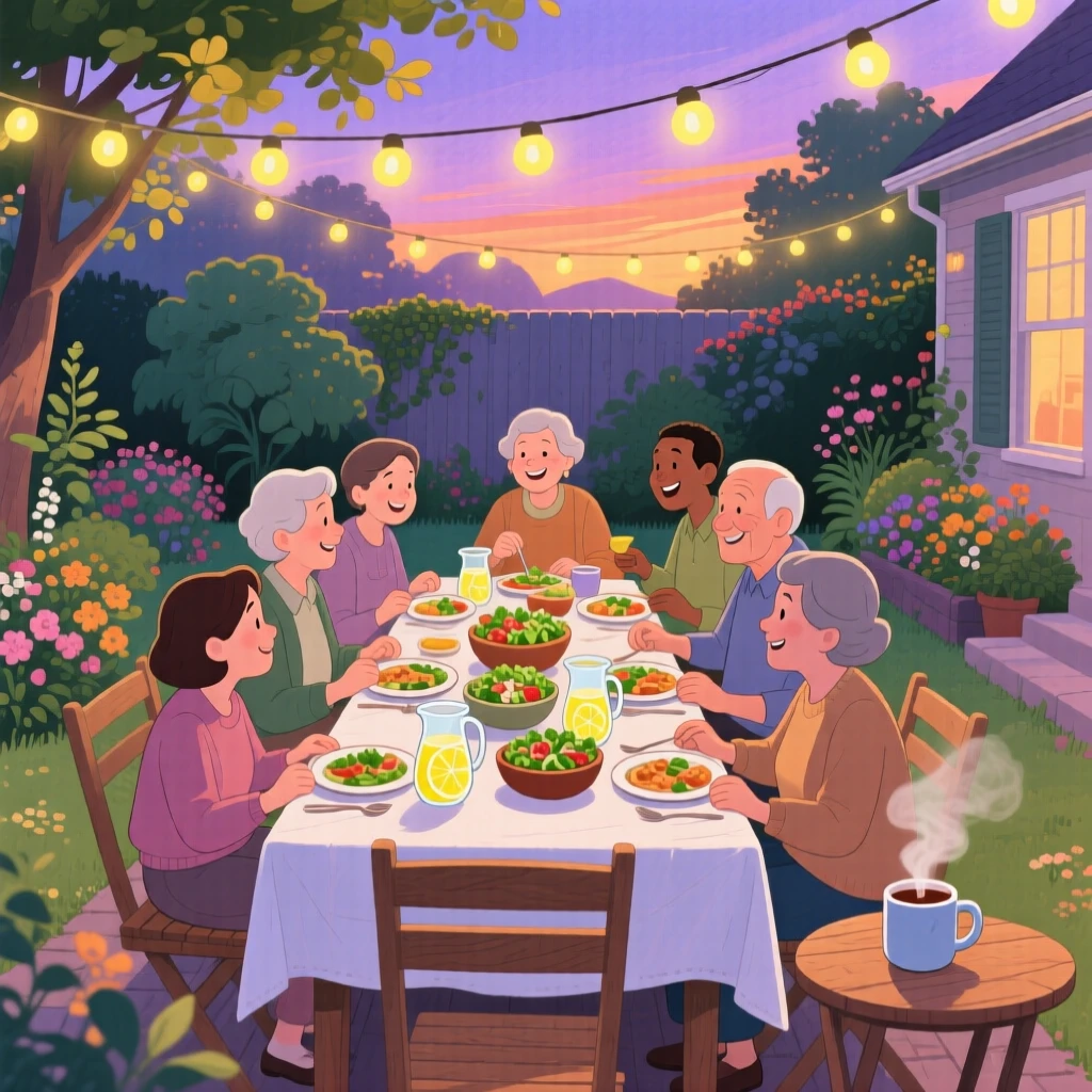Neighbors sharing a meal at a long outdoor table strung with lights, in a garden courtyard at dusk, with steam rising from mugs of cocoa nearby, community, warmth, and togetherness.