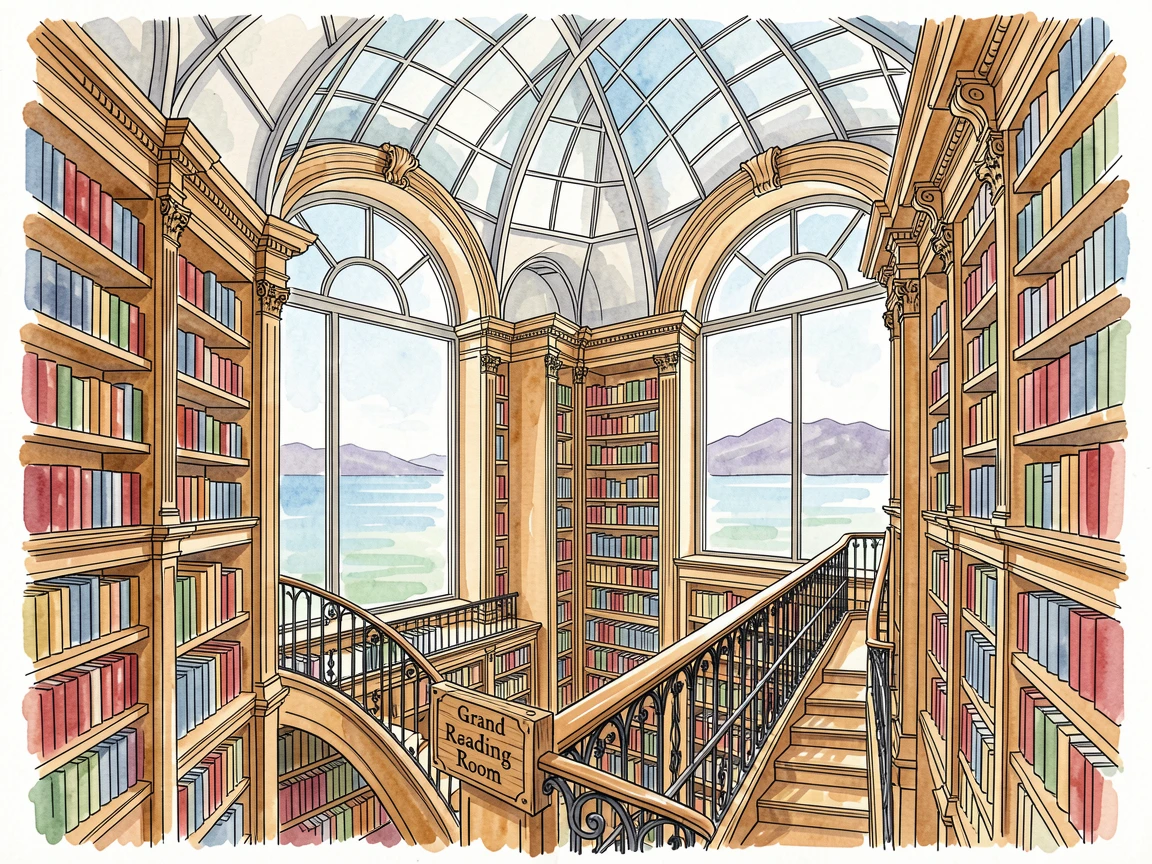 A grand old library with soaring shelves and a domed glass ceiling, distant mountains or sea visible beyond the rooftops.