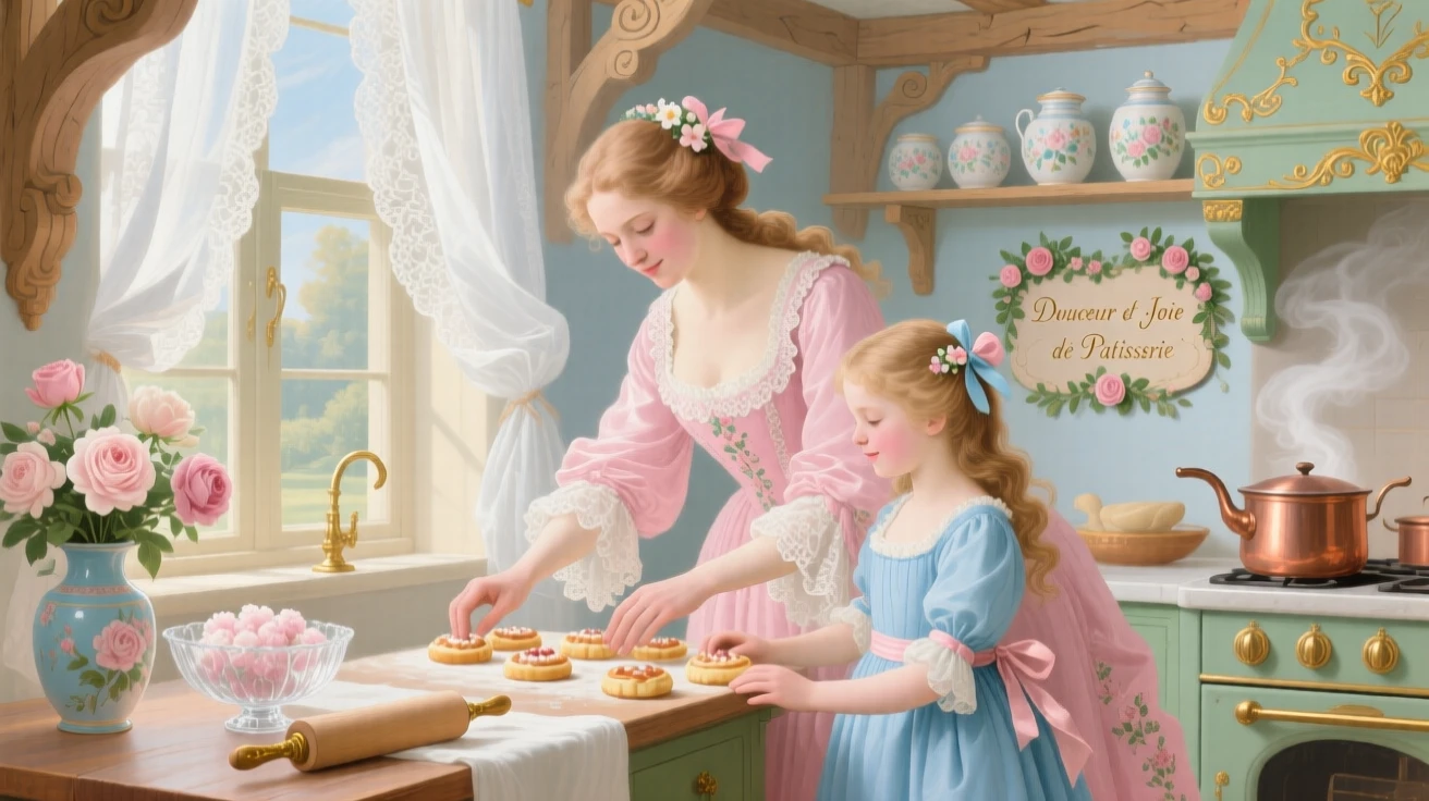 A mother and daughter baking pastries in a bright country kitchen  