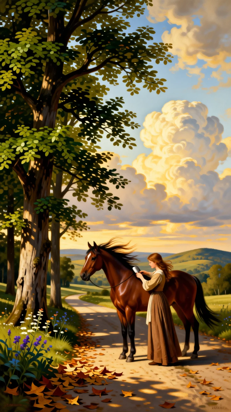 A young girl brushes her horse beside a tree-lined country road as the wind streams through their manes.