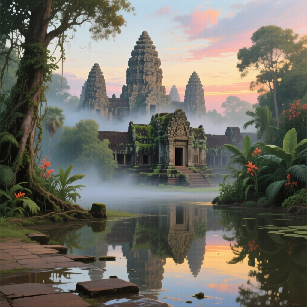 The ancient temples of Angkor Wat emerging from jungle mist at dawn, as reflections shimmer across nearby water or wet pavement, capturing the timeless beauty and character of a legendary destination