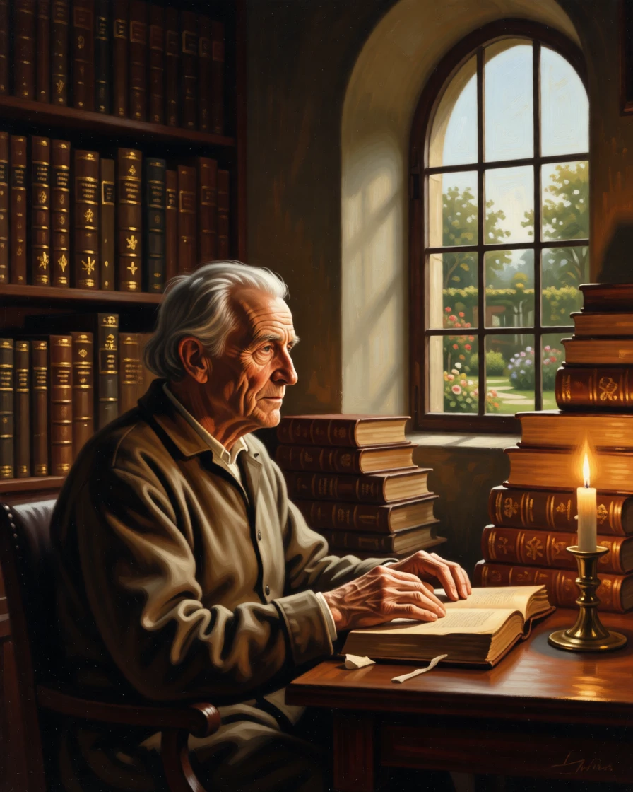 An elderly scholar surrounded by leather-bound books and candlelight turning slightly toward a soft, unseen light, set beside a tall arched window overlooking a garden, with worn hands and a face lined by years of quiet labor; soft background blur isolates the sitter as the clear focal point, suggesting a private world just glimpsed by the viewer.