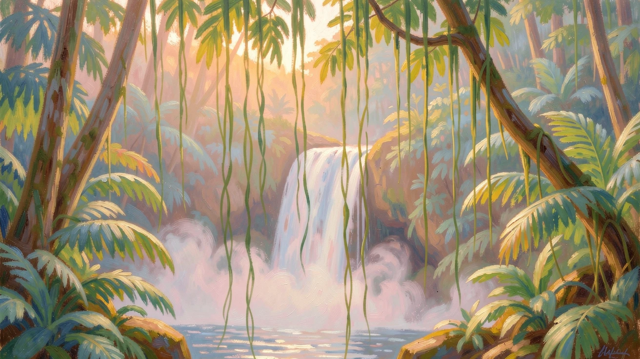 A hidden waterfall behind a curtain of hanging vines deep within a tropical rainforest, as the first light of dawn breaks, filled with a cozy, comforting atmosphere.