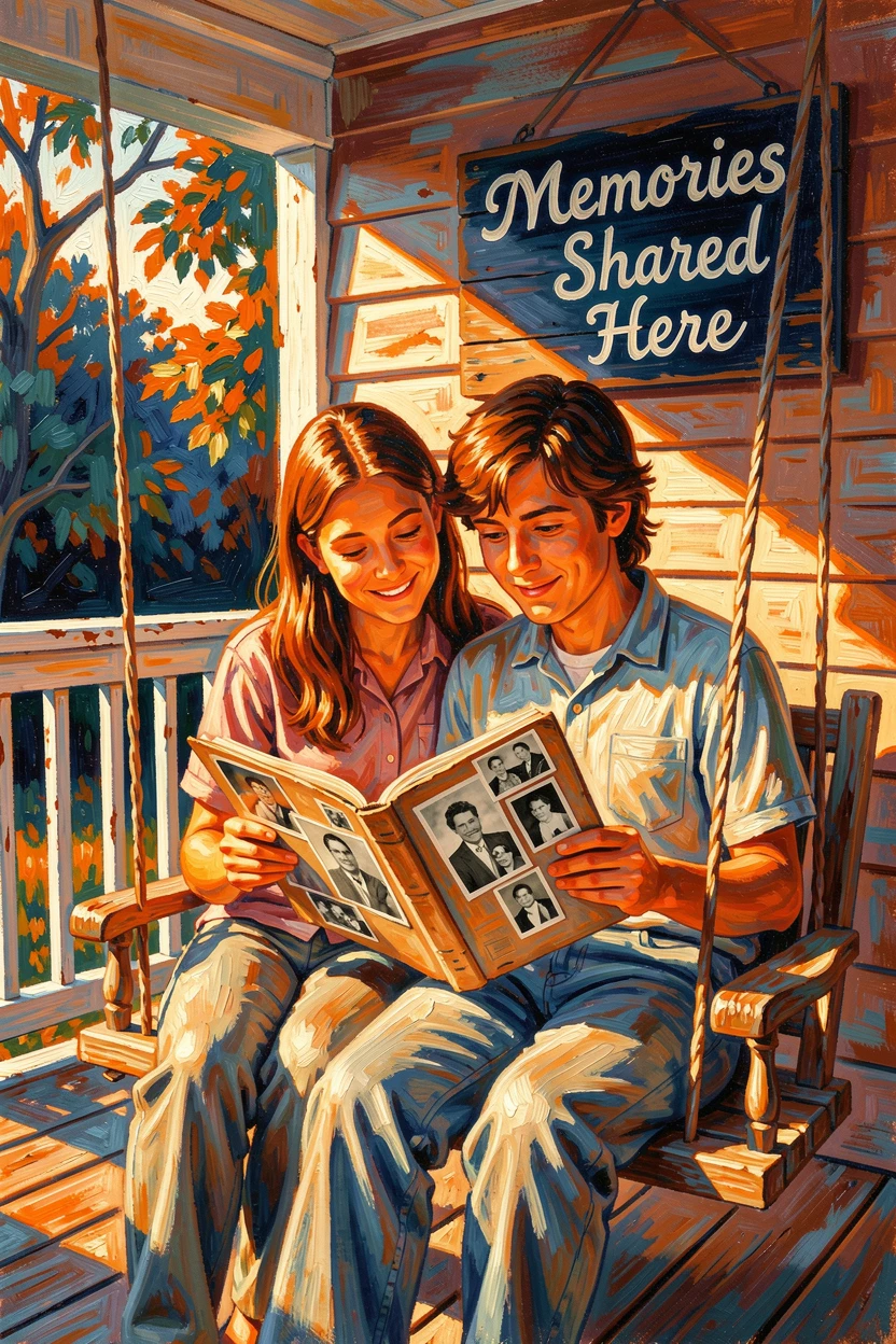 Two childhood friends now grown, reminiscing over old photographs on a porch swing.