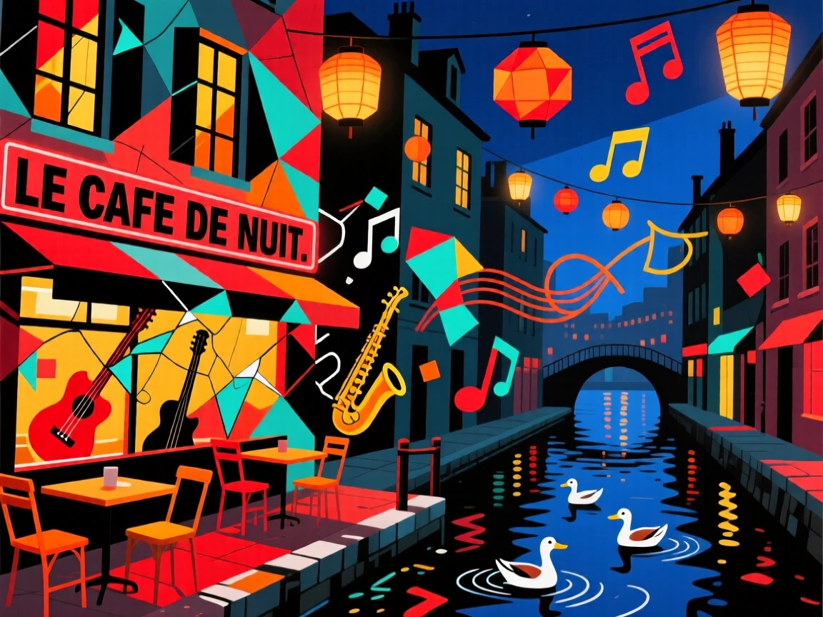 A vibrant scene of a lantern-lit canal street alive with music drifting from a nearby café.