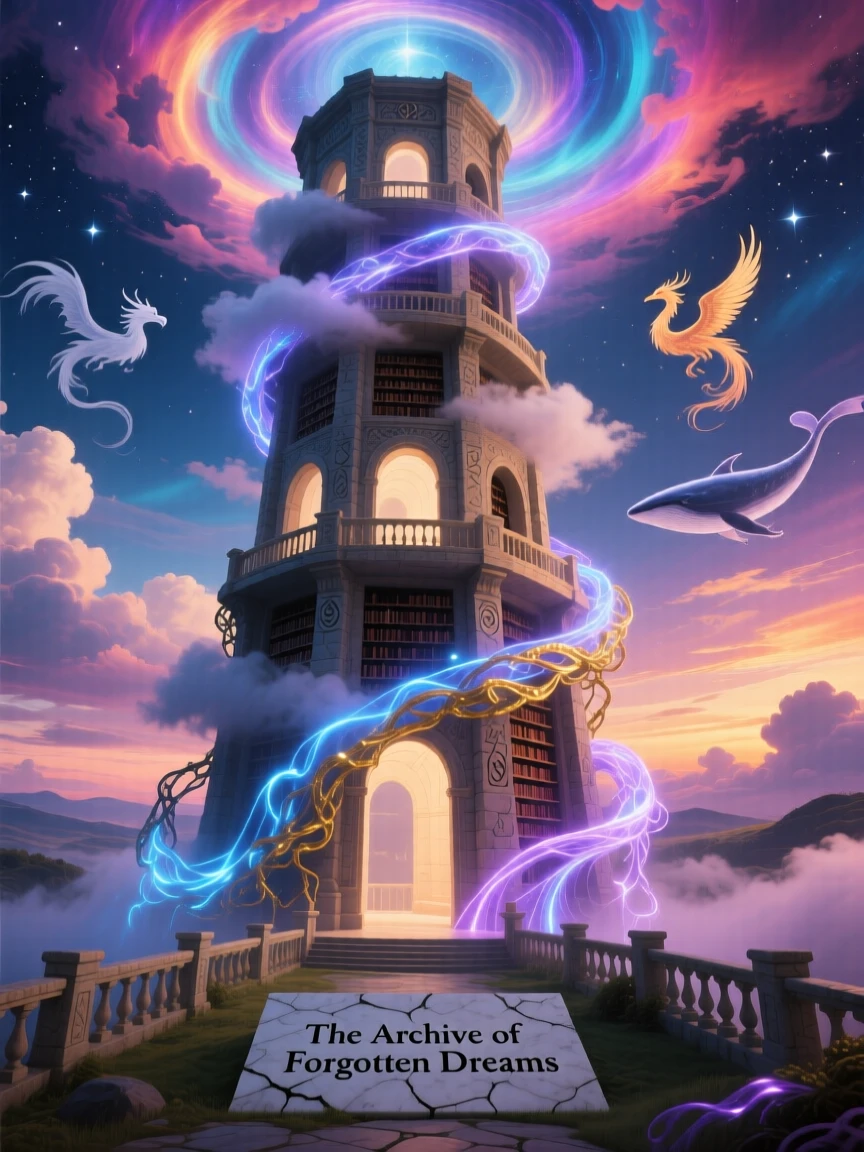 A library tower that spirals into the clouds is slowly swallowed by climbing vines of light, as clouds pass slowly through its open doorways.