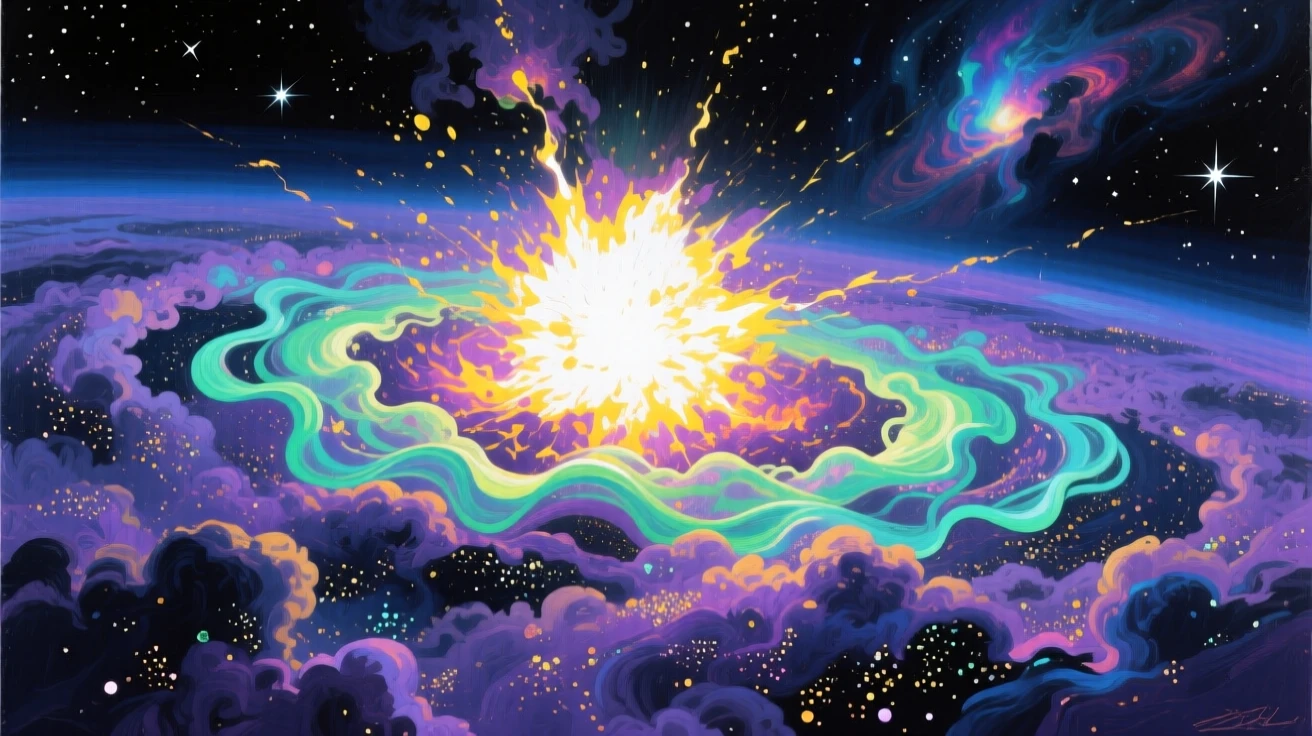 A supernova explosion illuminates a distant region of space in blinding light, shockwaves rippling outward through surrounding cosmic dust, an otherworldly light source casting soft, unnatural color across the surrounding environment.