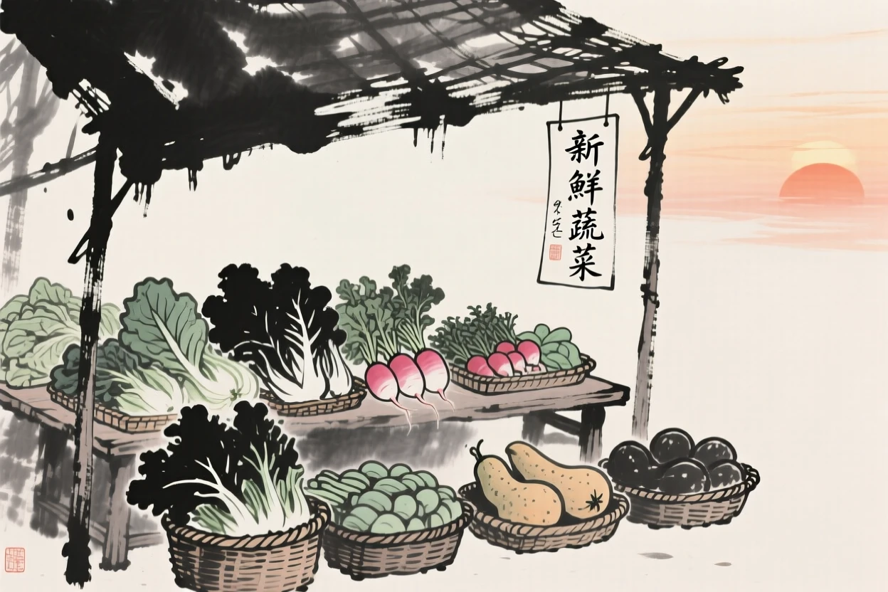 A market stall overflows with fresh vegetables beneath a woven awning, beneath the warm light of a setting sun.