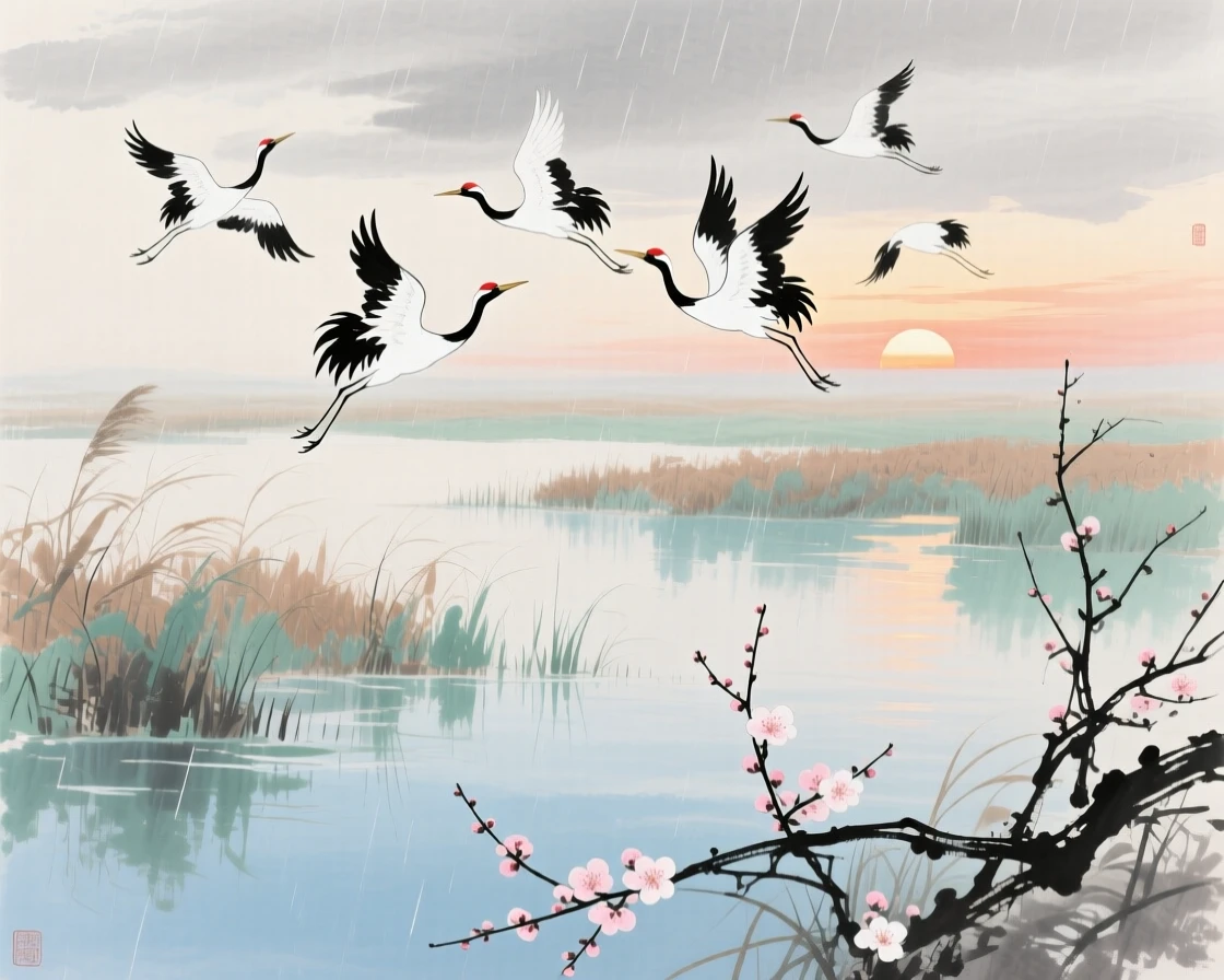 A flock of cranes wheeling above a marshland at sunset, conveying a deep sense of harmony with nature, beneath a sky washed clean by rain, as the last plum blossoms cling to bare branches.