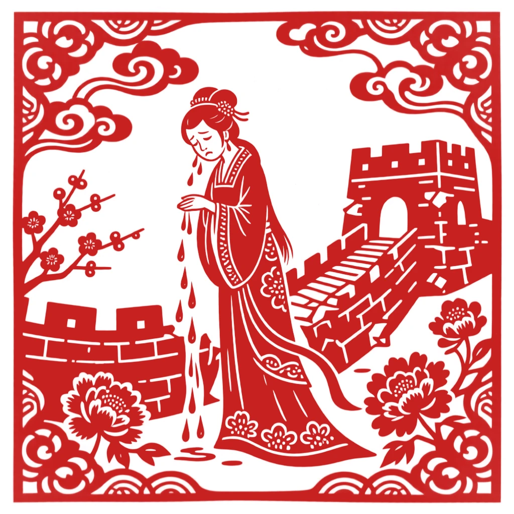 The legend of Meng Jiangnu weeping at the Great Wall, her tears causing a section of the wall to crumble