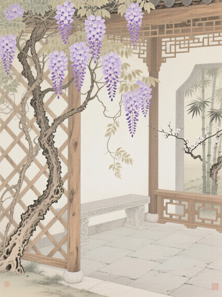 Wisteria cascading over a wooden trellis in the corner of a quiet scholar's courtyard