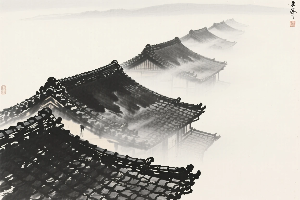 A row of traditional tiled rooftops wrapped in early morning fog, viewed from below to emphasize its quiet grandeur, conveying quiet reverence for the past.