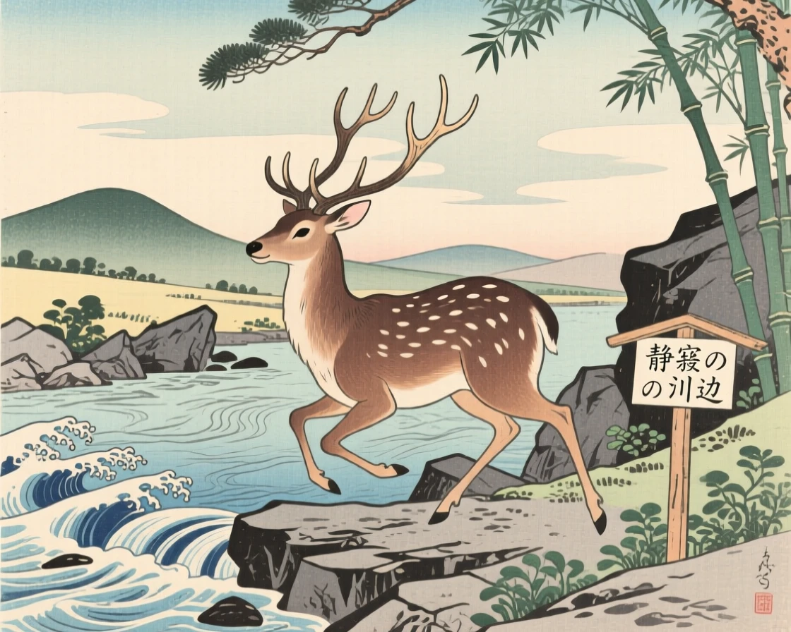 A stag with tall antlers playing along a rocky riverbank.