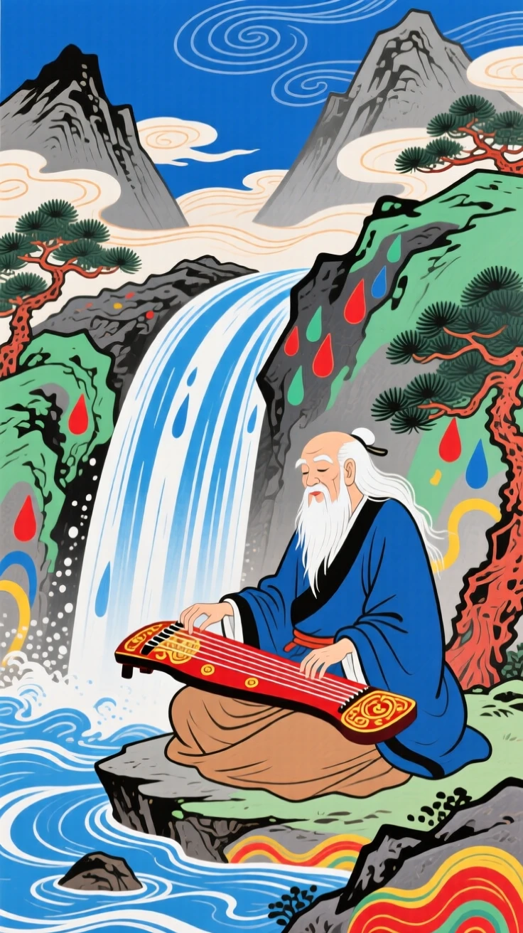 A mountain hermit playing a haunting melody on an ancient string instrument beside a waterfall, under a