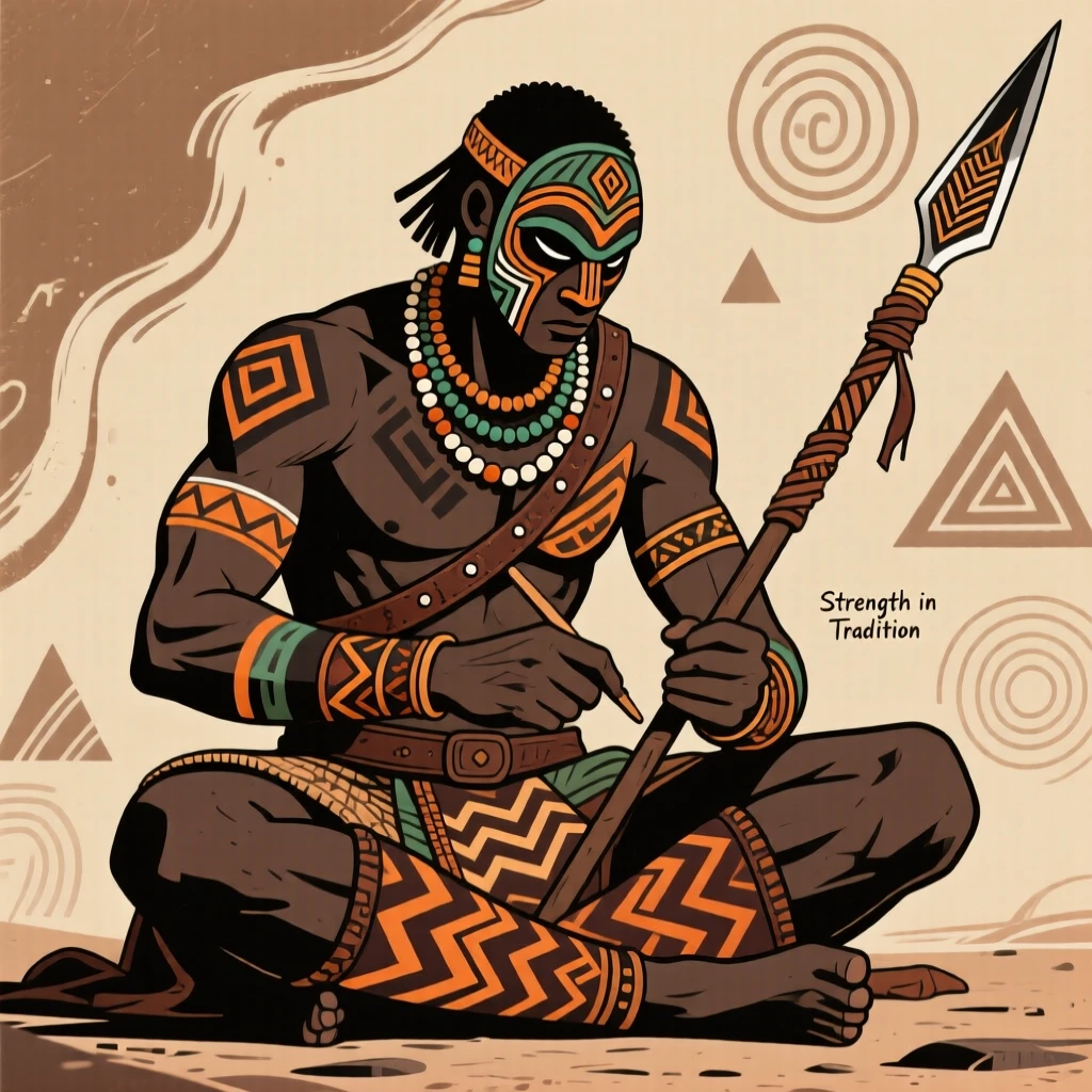 A spear-wielding warrior seated cross-legged while working with practiced hands.