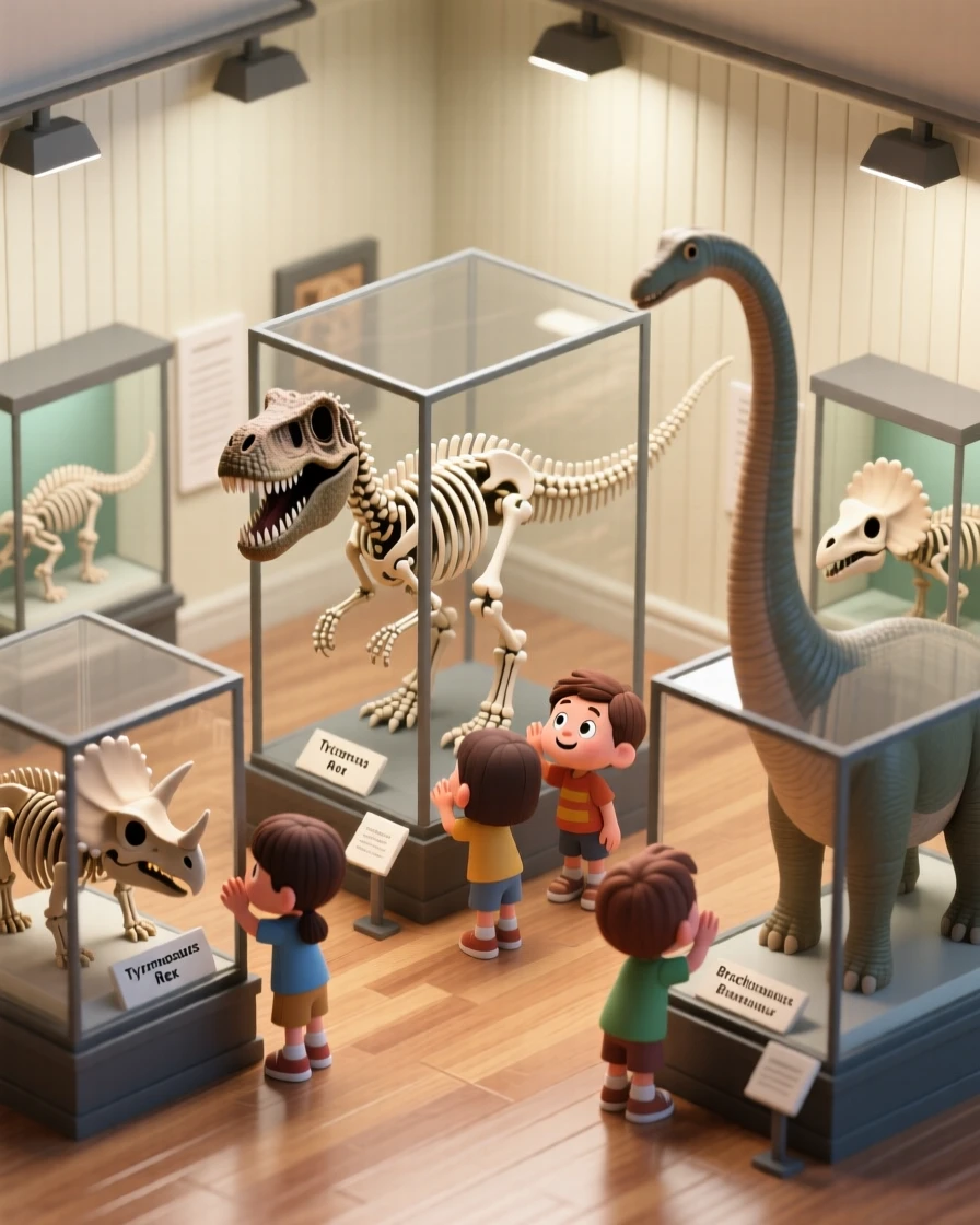 A quaint museum gallery with dinosaur skeletons on display, children pressing their faces to glass cases in wonder.