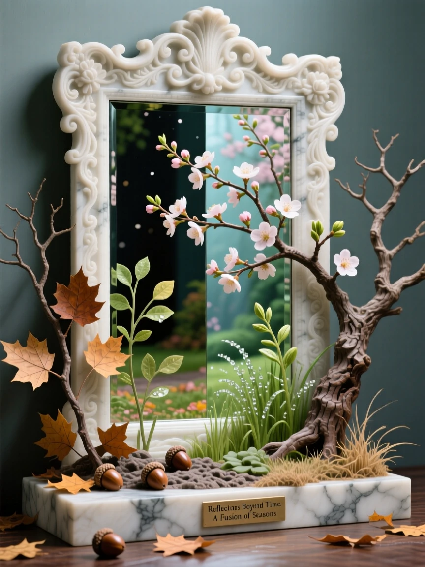 A striking, imaginative composition featuring a mirror reflecting a different season than the one outside it, blending realism with dreamlike wonder