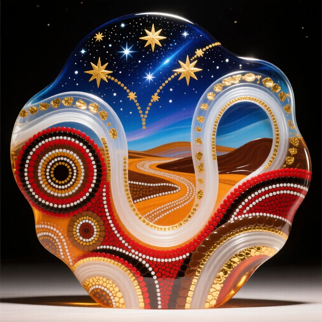 An Aboriginal dot painting depicting a dreamtime story under a starry sky, vibrant and ancient.