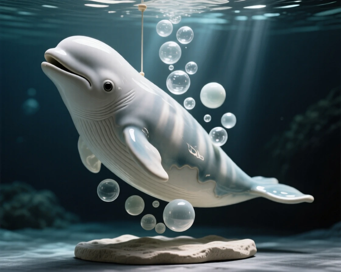 A beluga whale surfacing for air suspended in a shaft of filtered sunlight, surrounded by drifting bubbles, capturing a fleeting moment of underwater grace.