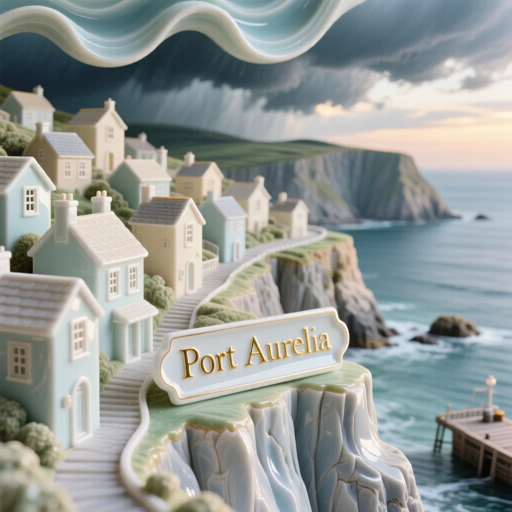 A grand view of a coastal cliffside village, framed by dramatic storm clouds clearing.