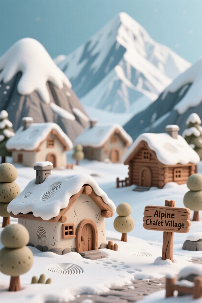 A snow-capped chalet village nestled beneath towering alpine peaks